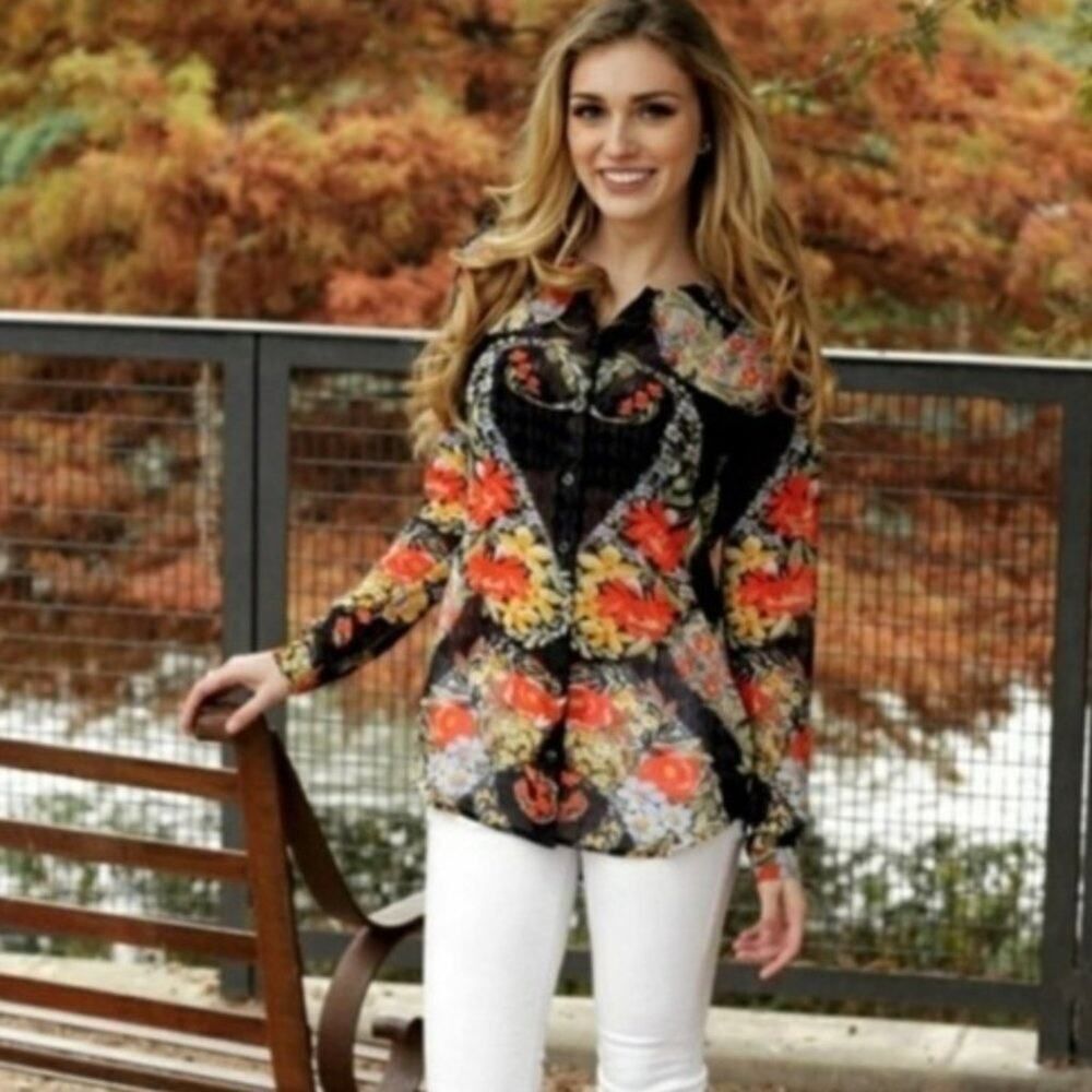CAbi #3072 Amour Semi Sheer Blue + Orange Printed Button Down Blouse Size Small